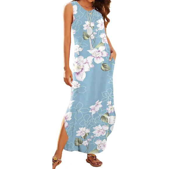 Hount Maxi Dress Blue Floral Tank Large Pockets Side Slits Stretch Sundress - Picture 9 of 9